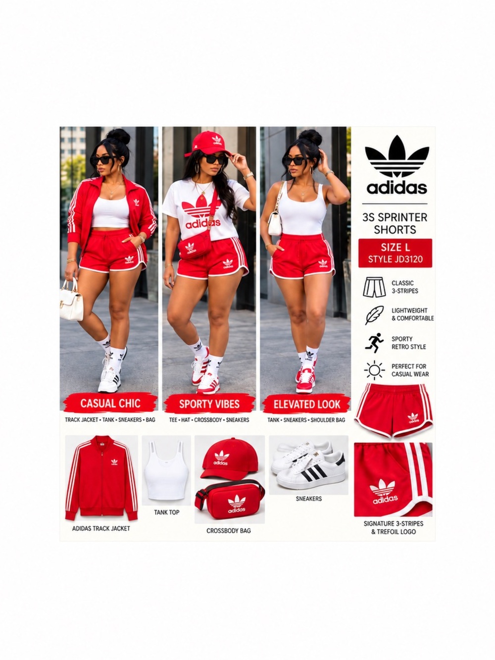 NWT Adidas Originals 3S Sprinter Shorts Red White Size L